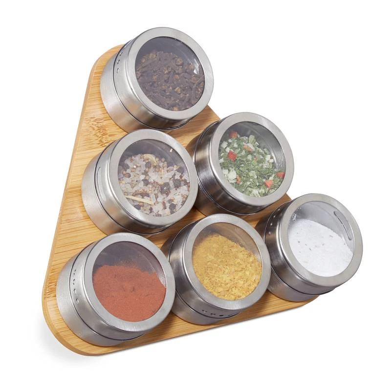 Étagère à épices Bambou 6 Pots Inox 1 Étagère à épices Bambou 6 Pots Inox